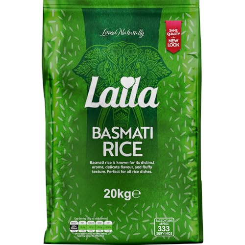 Laila Basmatireis 20 kg, aromatischer Reis im Basmati-Stil, 20 kg Basmatireis Langkorn für Biryani, Pilaw oder Pulao, glutenfreier Reis, 100% reiner Langkornreis von LAILA