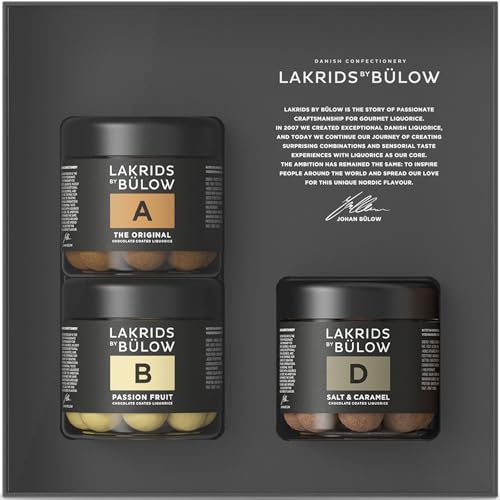 LAKRIDS BY BÜLOW - Geschenkbox - 3x125g - A, B & D - The Original, Passion Fruit, Salt & Caramel - Gourmet Lakritze umhüllt von Schokolade von LAKRIDS BY BÜLOW