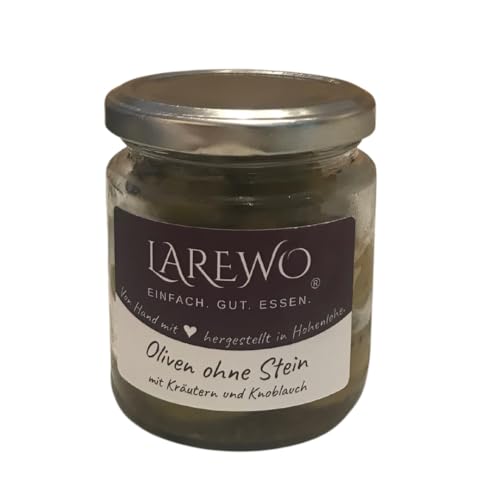 LAREWO Grüne Oliven ohne Stein mit Knoblauch – Premium Mediterrane Feinkost, ideal für Salate, Antipasti und Snacks, voller Geschmack und perfekt zubereitet. von LAREWO