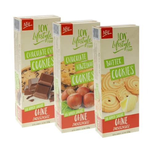 Kekse ohne Zuckerzusatz Set Chocolate Hazelnut + Butter Cookies + Chocolate Chip (3 x 135g) von LCW | zuckerarm mit Süßungsmittel | mit Maltit | mit Haferflocken | Kekse ohne Zucker - Zusatz* von LCW