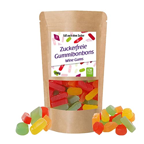 Zuckerfreie Gummibonbons Wine Gums von LCW | 250g Beutel | zuckerfrei, 0g Zucker | fettfrei | Fruchtgummi/Gummibärchen ohne Zucker mit Süßungsmittel Maltit von LCW