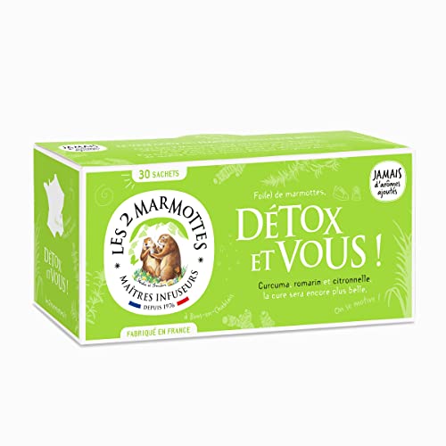 Les 2 Marmottes - Detox and You Aufguss 30 Beutel - Ohne Zusatz von Aromen - Kurkuma, Rosmarin und Zitronengras - Wohlbefinden und Entspannung - Für die Leber - Hergestellt in Frankreich - 50g von LES 2 MARMOTTES