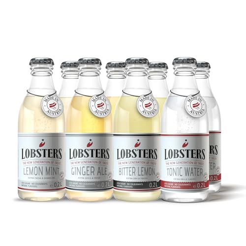 Lobsters - 4 Sorten Tasting Set, 8 x 0,2l - 2x Tonic Water, 2x Bitter Lemon, 2x Ginger Ale, 2x Lemon Mint - Zuckerreduziert & natürlich, Probierpaket 200ml Flaschen mit gemischten Geschmacksrichtungen von LOBSTERS THE NEW GENERATION OF TASTE