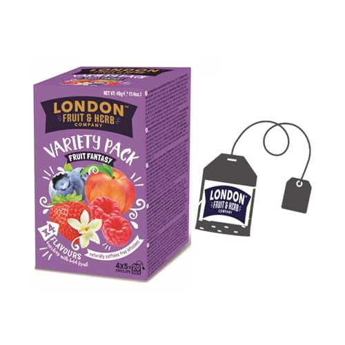 London Fruit® | Sortiment an Aufgüssen 4 Geschmacksrichtungen | Himbeer-, Pfirsich-, Erdbeer- und Vanille-, Blaubeer-Kräutertee | Früchtetees ohne Koffein – 4 x 5 Beutel (40 g) von LONDON FRUIT & HERB COMPANY