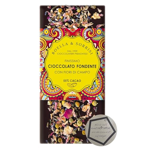 1 Packung | Boella & Sorrisi Tavoletta di cioccolato fondente con fiori - Zartbitterschokolade mit Blumen 100 g inkl. LOVEVINO Silver Button Sticker von LOVEVINO.eu