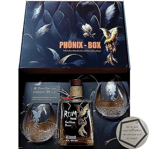 1 Stück Phönix | Caribbean Dream 23 Years Old Blended Rum Set mit 2 Gläser 0.5 l 40% vol inkl. LOVEVINO Silver Button Sticker von LOVEVINO.eu