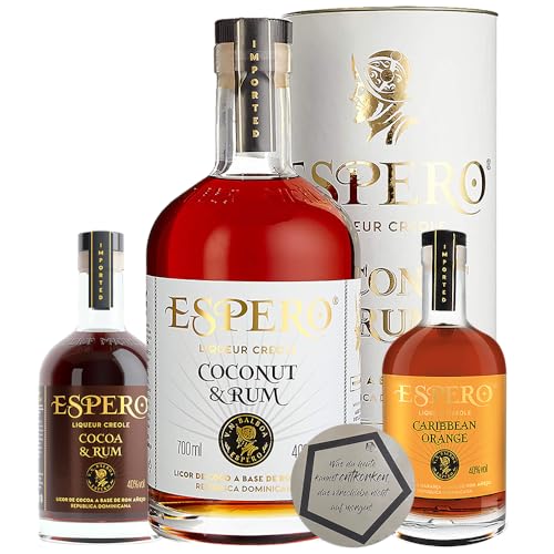 Ron Espero Creole Coconut & Rum 0.70 l 40% vol in einer schönen Geschenksdose mit 2 Tasting-Editionen Orange & Rum 0.20 l 40% vol & Cocoa & Rum 0.20 l 40% vol inkl. LOVEVINO Silver Button Sticker von LOVEVINO.eu