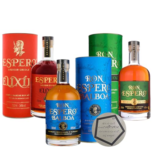 Ron Espero Rum – Exklusives Genuss-Set 3 x 0.70 l (Balboa 40% vol, Elixir 34% vol & Reserva Exclusiva 40% vol) in schönen Geschenkdosen inkl. LOVEVINO Silver Button Sticker von LOVEVINO.eu