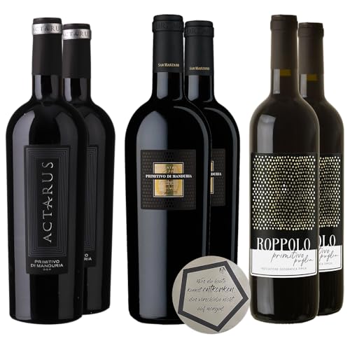 Rotes Gold | APULIEN Primitivo Tasting-Set: 2x Actarus di Manduria DOP + 2x Sessantanni 60 di Manduria + 2x Roppolo Puglia IGT (je 0.75 l) inkl. LOVEVINO Silver Button Sticker von LOVEVINO.eu