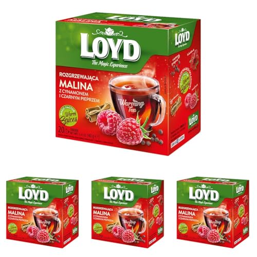 LOYD® Früchtetee Wärmender Tee | 20 Teebeutel 40g | Geschmack: Himbeere mit Zimt und Schwarzem Pfeffer | Aromatisiert Obst Frucht Früchte Fruit Tea | Hochwertigen Teeblättern Aufbrühen (Packung mit 4) von LOYD