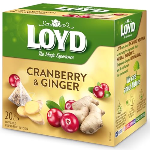 LOYD - Früchtetee Cranberry mit Ingwer - 20 Pyramidenbeutel - Aromatische Früchteteemischung mit Ingwerwurzelstock, Cranberryfrucht & Apfelfrucht - Wärmt, Stärkt die Immunität & Gibt Energie - 40g von LOYD