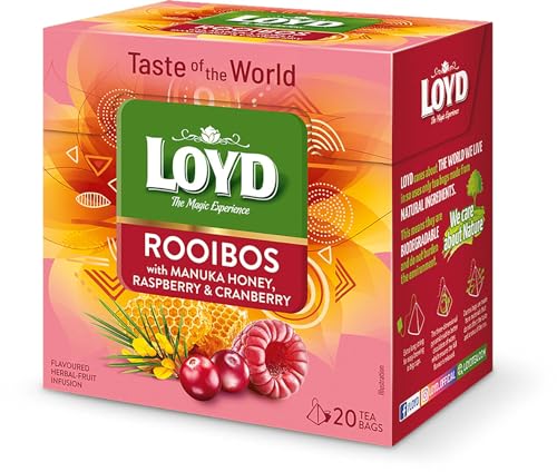 LOYD - Geschmack Der Welt - Rooibos Tee Manuka, Himbeer & Cranberry - 20 Pyramidenbeutel, Aromatischer, mit Süßer Honig, Zitronenschale, Orangenschale, Koffeinfreier, Ideal für Jede Tageszeit - 34g von LOYD