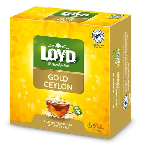 LOYD - Gold Ceylon Tee - 50 Pyramidenbeutel - Premium Qualität, Hochwertiger Schwarzer Tee aus Sri Lankas, Zart mit Einem Unverwechselbaren Geschmack & Goldenen Farbe, Ideal für Jede Tageszeit - 100g von LOYD