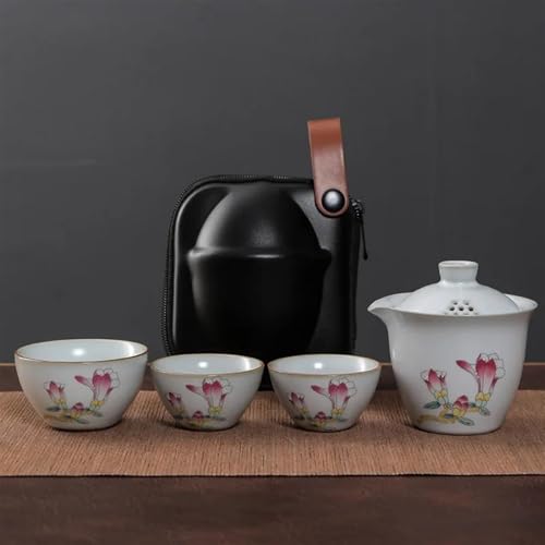 chinesisches Teeservice, chinesische Keramik-Teetasse, Ruyao Kuaike-Tasse, Keramik, ein Topf, drei Tassen, Automontage, for den Außenbereich, handgezeichnet, einfache tragbare Tasche, Reise-Kung-Fu-Te von LVUNZJCA