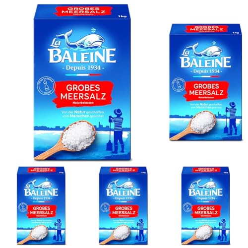 La Baleine - Meersalz grob - Vorteilspack 1 kg - geernted in Salzgärten in Südfrankreich am Mittelmeer - einzigartige Reinheit (Packung mit 5) von La Baleine