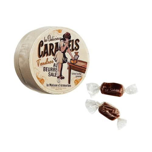 La Maison d'Armorine® | Gesalzene Butterbonbons in runder Holzkiste - 50 Gr | Hausgemachte Bonbons mit gesalzener Butter von La Maison d'Armorine