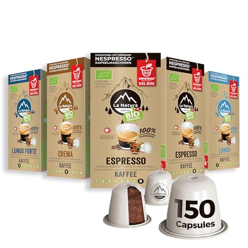 BIO GOURMET KAFFEE BOX- 150 Kaffeekapseln kompatibel mit Nespresso Kapselmaschinen - Lungo Forte, Crema, Espresso, Lungo Kaffee - 100% industriell Kompostierbar² - by La Natura Lifestyle von La Natura LIFESTYLE