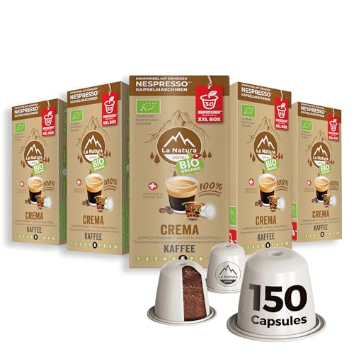 BIO KAFFEE CREMA - 150 Kaffeekapseln - kompatibel mit Nespresso Kapselmaschinen - Umweltfreundlich, schokoladig & intensiv - 100% industriell Kompostierbar² - by La Natura Lifestyle von La Natura LIFESTYLE