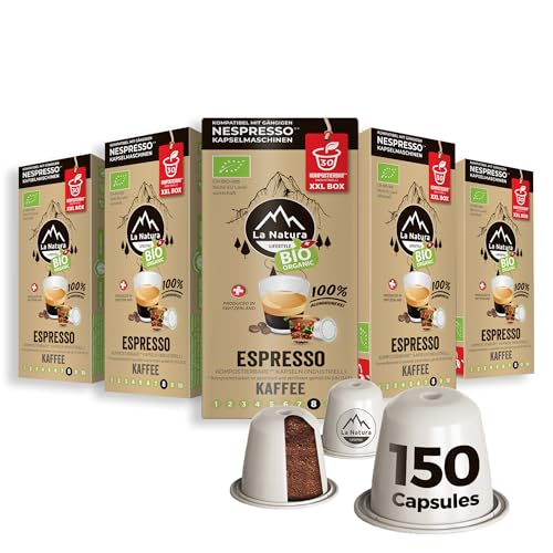 BIO KAFFEE ESPRESSO - 150 Kaffeekapseln - kompatibel mit Nespresso - Umweltfreundlich, schokoladig & intensiv - 100% industriell Kompostierbar² - by La Natura Lifestyle von La Natura LIFESTYLE