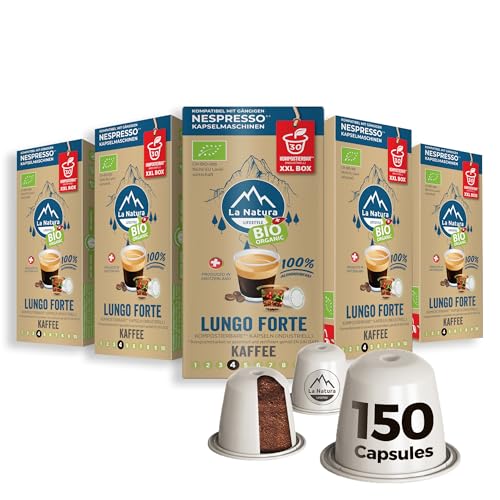 BIO KAFFEE LUNGO FORTE - 150 Kaffeekapseln - kompatibel mit Nespresso Kapselmaschinen - Umweltfreundlich, Vollmundig, Schokoladig - 100% Industriell Kompostierbar² - by La Natura Lifestyle von La Natura LIFESTYLE