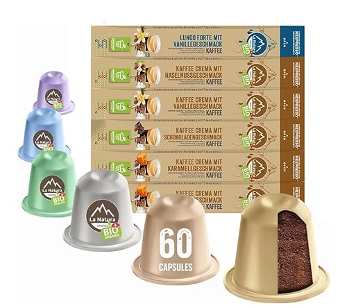 La Natura Lifestyle BIO Kaffeekapseln Probier- Set mit Geschmack, kompatibel mit Nespresso®³ Kapselmaschinen, 60 industriell kompostierbare² Kapseln, 4 köstliche und einzigartige Sorten, Vanille, Hase von La Natura LIFESTYLE