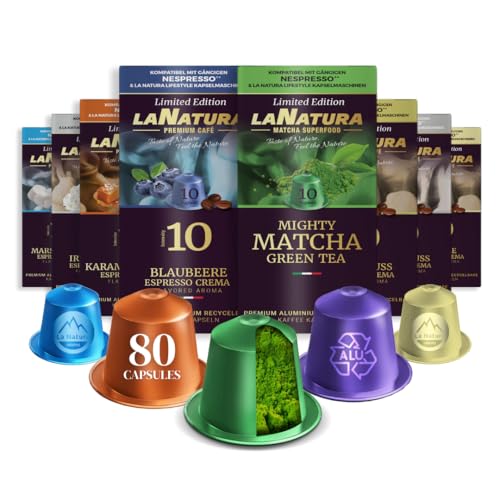 La Natura Lifestyle GESCHMACKSBOX, 80 Kaffee- und Teekapseln kompatibel mit Nespresso³ Kaffeemaschinen, Blaubeere, Karamell-Honig, Irish Coffe, Marshmallow, Haselnuss, Vanille, Kokosnuss, Matcha Tee von La Natura LIFESTYLE