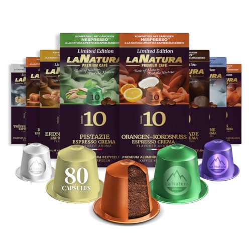 La Natura Lifestyle AROMA BOX, 80 Kaffeekapseln kompatibel mit Nespresso-Kapselmaschinen, 8 einzigartige GESCHMACKSRICHTUNGEN, Karamell, Schokolade, Pistazie, Kokosnuss, Rum, Trüffel, Kürbis, Erdnuss von La Natura LIFESTYLE