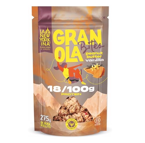 LA NEWYORKINA Granola Peanut Butter Vainilla mit Haferflocken und Erdnussbutter. Spezielles Müsli mit intensivem Erdnussbuttergeschmack und dem perfekten Hauch von Vanille. In 275g Packung von La Newyorkina