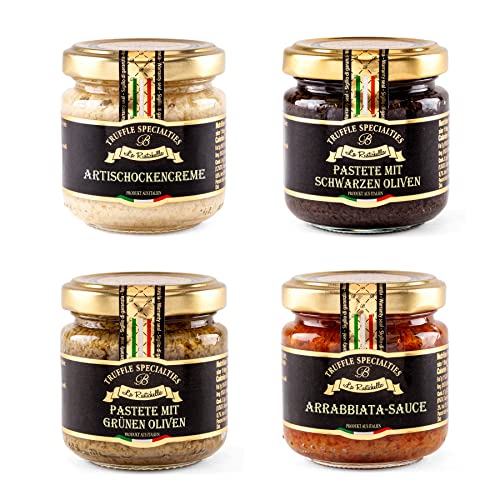 La Rustichella Arrabbiata-Sauce, Artischockencreme, Pastete Mit Schwarzen Oliven und Pastete Mit Grünen Oliven- Set 360g von La Rustichella