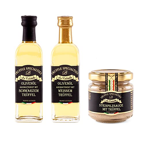 La Rustichella Olivenöl Aromatisiert Mit Schwarzem Trüffel, Olivenöl Aromatisiert Mit Weissem Trüffel und Steinpilzsauce Mit Trüffel-Set von La Rustichella