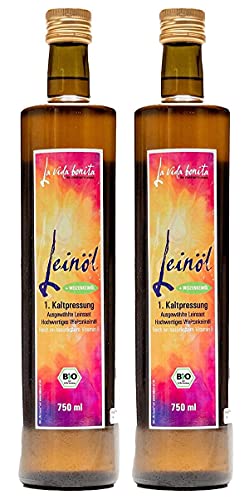 Bio Leinöl mit Bio Weizenkeimöl | DOPPEL-Pack 2x 750 ml | 100% frisch aus 1. Kaltpressung in Deutschland I Reich an Omega-3-Fettsäuren | vegan, Rohkost, laktosefrei & glutenfrei von La vida bonita