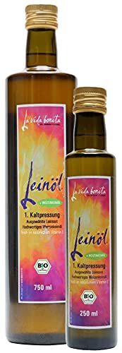 Bio Leinöl mit Bio Weizenkeimöl | Inhalt 250 ml | 100% frisch aus 1. Kaltpressung in Deutschland I Reich an Omega-3-Fettsäuren | vegan, Rohkost, laktosefrei & glutenfrei, zuckerfrei von La vida bonita