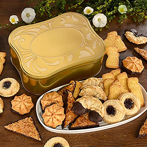 Gebäckmischung (1000g) Bunte Kaffee Tafel in der Metalltruhe Maße: 29 x 23 x 10 cm – Mandelhörnchen, Große Kokosmakronen, Butter-Spekulatius, Marzipan-Butter Törtchen, Nuss Ecken (1 Packung) von Lambertz