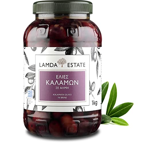 Lamda Estate - frische Oliven Kalamata 1 KG natur mit Stein, eingelegt in Salzlake | griechische schwarze Oliven Jumbo (3) von Lamda Estate