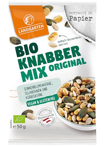 Landgarten Protein Mix – Bio-Protein-Snack mit gerösteten Sojabohnen, Sonnenblumenkernen & Kürbiskernen – gesalzen, fettfrei geröstet – 1 x 50 g von Landgarten