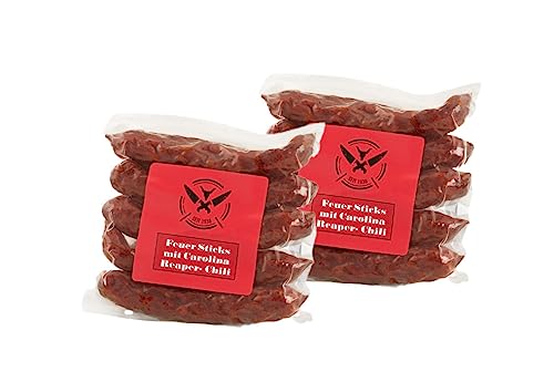 Original FEUER STICKS Scharfe Räucherwurst Doppelpack | 2x 120g | eigene Herstellung | Männergeschenk | Pfefferbeißer | Rauchpeitschen | mit Carolina Reaper Chilli von Landmetzgerei Fauser Goelz