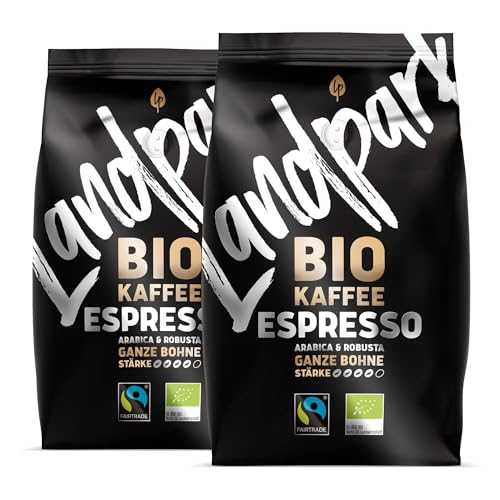 Landpark Bio Kaffee Espresso 500g (2er Pack) - Arabica & Robusta Kaffeebohnen - Medium Roast - Säurearmer Bohnenkaffee - Fair Trade gehandelt von Landpark