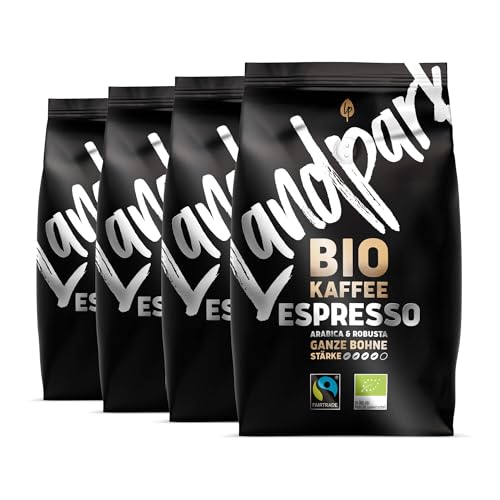 Landpark Bio Kaffee Espresso 500g (4er Pack) - Arabica & Robusta Kaffeebohnen - Medium Roast - Säurearmer Bohnenkaffee - Fair Trade gehandelt von Landpark