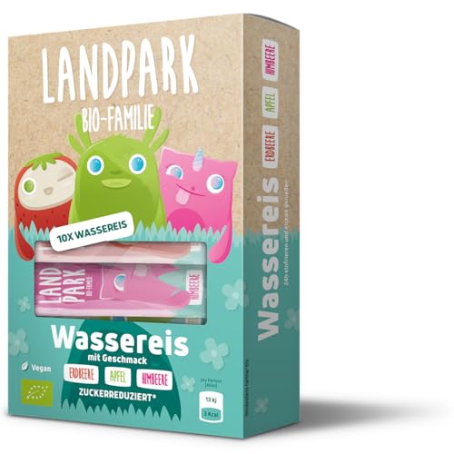 Landpark Bio-Wassereis 10x 40 ml - Unser Wassereis enthält kaum Zucker - 100% Bio Qualität - 3 Geschmacksrichtungen (4x Erdbeere, 4x Himbeere, 2x Apfel) - Das perfekte Eis für den Sommer von Landpark