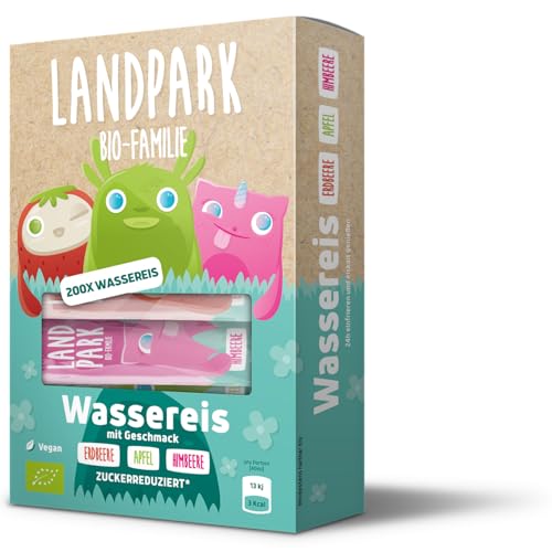 Landpark Bio-Wassereis 200 x 40 ml - Unser Wassereis enthält kaum Zucker - 100% Bio Qualität - 3 Geschmacksrichtungen (80x Erdbeere, 80x Himbeere, 40x Apfel) - Das perfekte Eis für den Sommer von Landpark