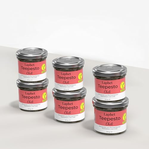 Laphet Teepesto - Chili 6 x 90g - Fermentierte Teeblätter, Vegan und Glutenfrei, Teesalat-Dressing, Pesto, Pasta-Sauce mit fermentiertem Tee, Vegetarische Nudel-Soße, Grünes Pesto (Chili) von Laphet