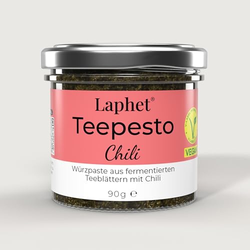 Laphet Teepesto Chili - Fermentierte Teeblätter, Vegan und Glutenfrei, Teesalat-Dressing, Pesto, Pasta-Sauce mit fermentiertem Tee, Vegetarische Nudel-Soße, Grünes Pesto (90g Chili) von Laphet