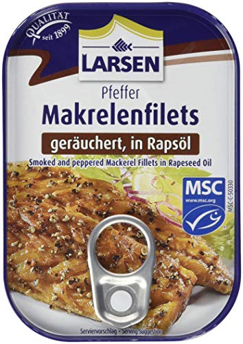 Larsen Geräucherte Pfeffer-Makrelenfilets, in Rapsöl, 12er Pack (12 x 110 g) von Larsen