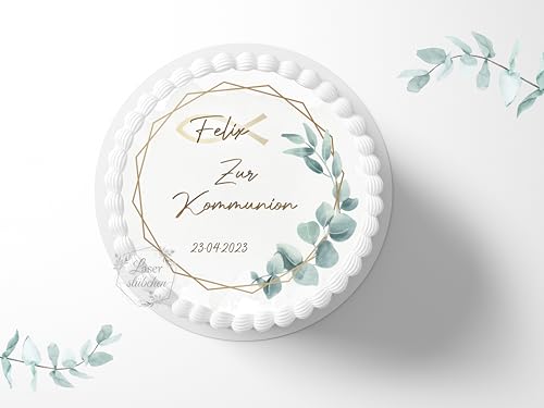 Tortenaufleger zur Kommunion mit Wunschname & Datum personalisierbar, ⌀20cm Zuckerbild, Deko für Kuchen, Foto für Torten, Fondant 0001KM von Laserstuebchen