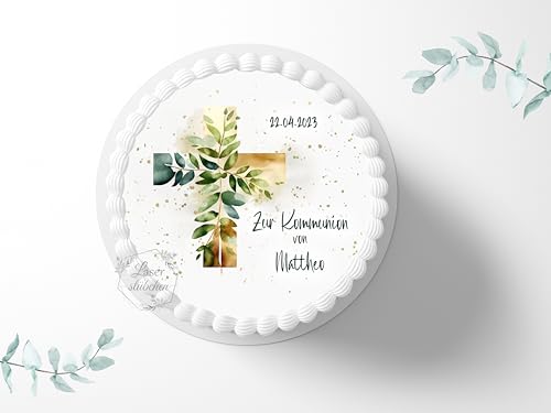 Tortenaufleger zur Kommunion mit Wunschname & Datum personalisierbar, ⌀20cm Zuckerbild, Deko für Kuchen, Foto für Torten, Fondant 0007KM von Laserstuebchen