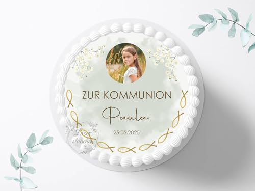 Tortenaufleger zur Kommunion mit Wunschname & Datum personalisierbar, ⌀20cm Zuckerbild, Deko für Kuchen, Foto für Torten, Fondant 0014KM von Laserstuebchen