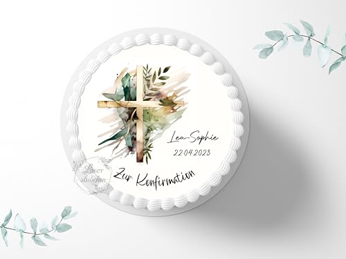 Tortenaufleger zur Konfirmation mit Wunschname & Datum personalisierbar, ⌀20cm Zuckerbild, Deko für Kuchen, Foto für Torten, Fondant 0004KF von Laserstuebchen