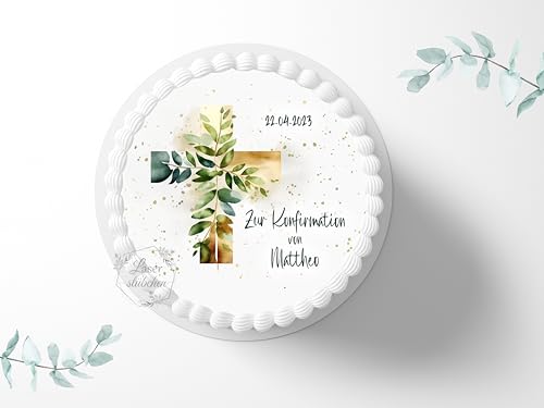 Tortenaufleger zur Konfirmation mit Wunschname & Datum personalisierbar, ⌀20cm Zuckerbild, Deko für Kuchen, Foto für Torten, Fondant 0007KF von Laserstuebchen