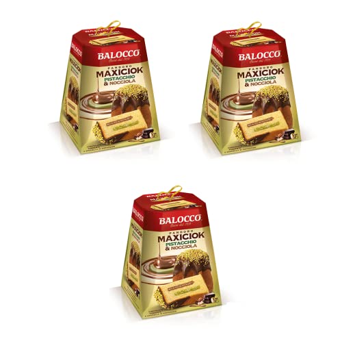 3x Balocco Pandoro Maxiciok Pistacchio e Nocciola Weihnachtssüßigkeiten gefüllt mit Pistaziencreme und Haselnusscreme,mit dunkler Schokolade überzogen und gehackte karamellisierte Pistazien 800g von Latte Balocco