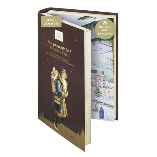 Lauensteiner Adventskalender 2024 | Buch Braun | 340g, 26 handgefertigte Trüffel und Pralinen, mit Alkohol | Zartbitter Schokolade von Lauenstein Confiserie